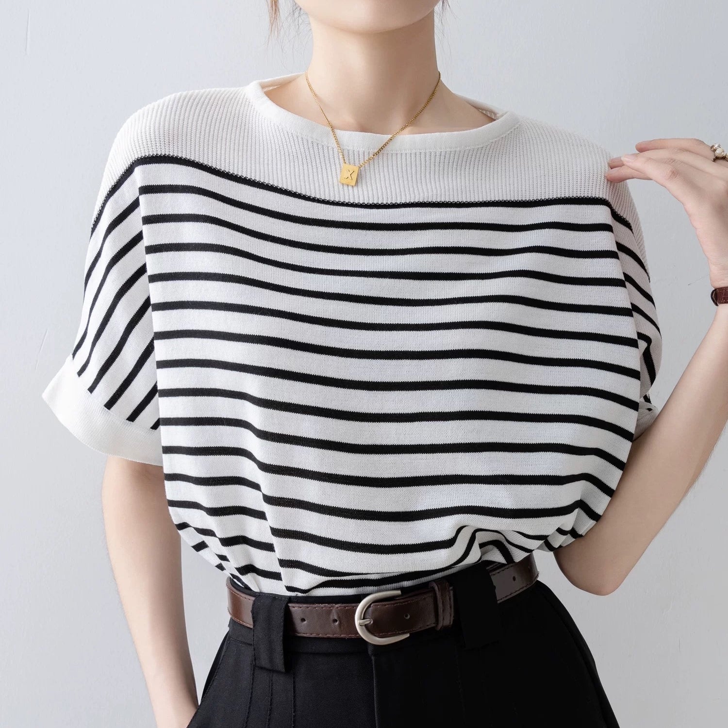カルペディエム Carpe diem ドルマンスリーブ ドルマンニット ボーダーtシャツ 半袖 オフショルダー 半袖 オフィスカジュアル 夏服 春新作tシャツ ニットトップス カットソー （ホワイト） ホワイト