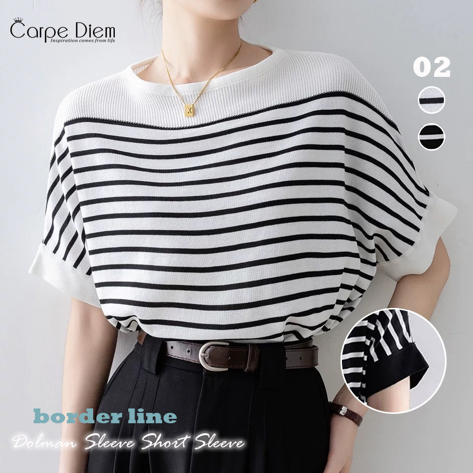 カルペディエム Carpe diem ドルマンスリーブ ドルマンニット ボーダーtシャツ 半袖 オフショルダー 半袖 オフィスカジュアル 夏服 春新作tシャツ ニットトップス カットソー （ホワイト） ホワイト