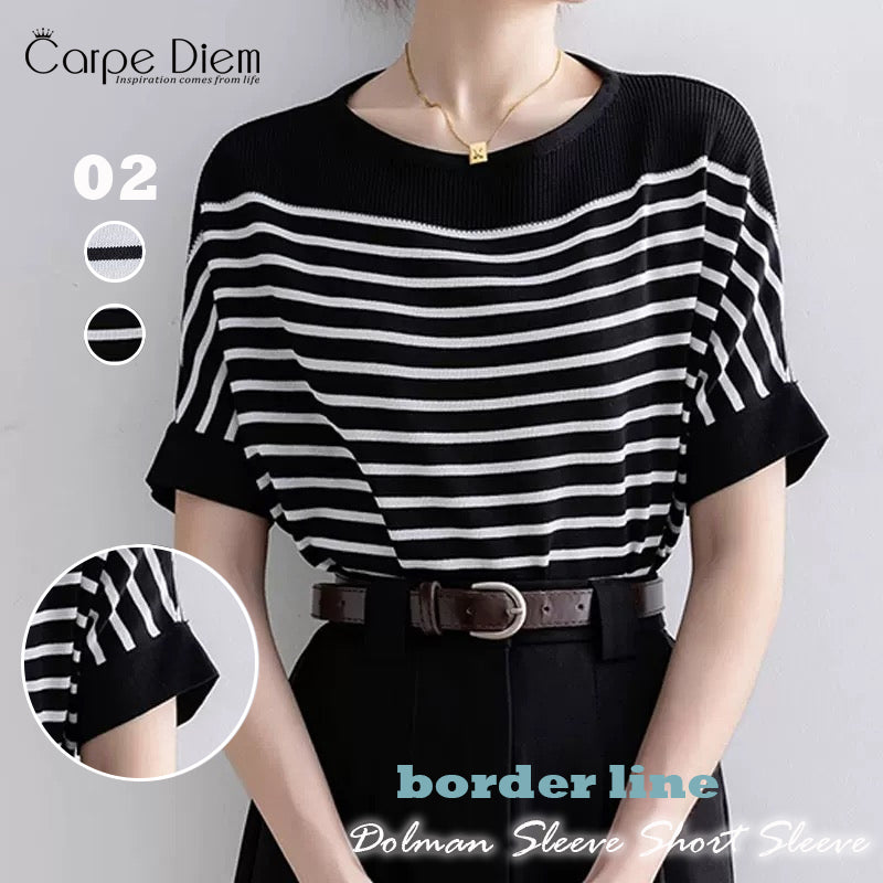 カルペディエム Carpe diem ドルマンスリーブ ドルマンニット ボーダーtシャツ 半袖 オフショルダー 半袖 オフィスカジュアル 夏服 春新作tシャツ ニットトップス カットソー （ホワイト） ホワイト