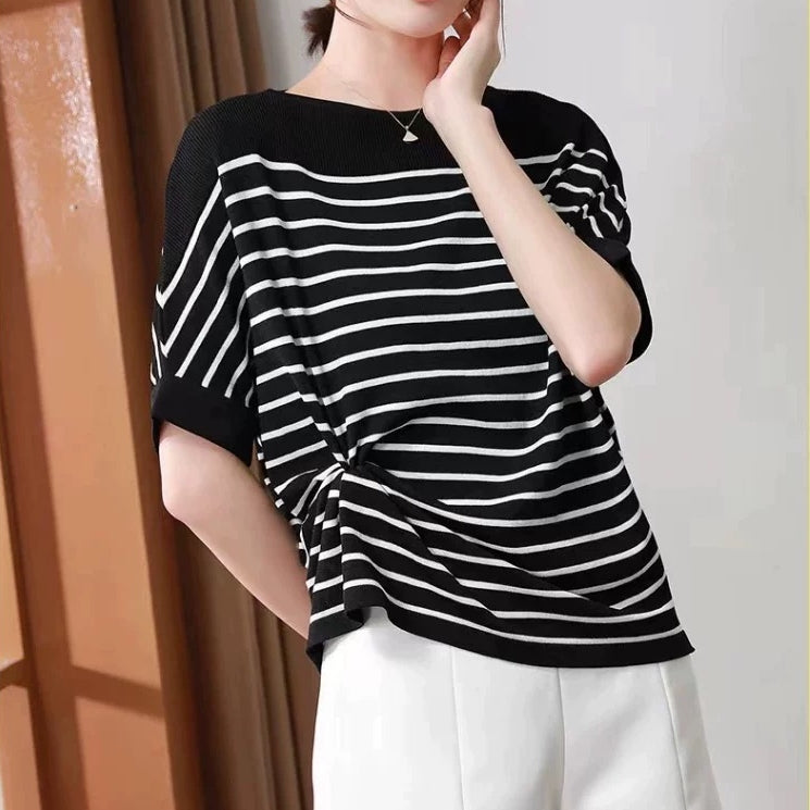 カルペディエム Carpe diem ドルマンスリーブ ドルマンニット ボーダーtシャツ 半袖 オフショルダー 半袖 オフィスカジュアル 夏服 春新作tシャツ ニットトップス カットソー （ホワイト） ホワイト