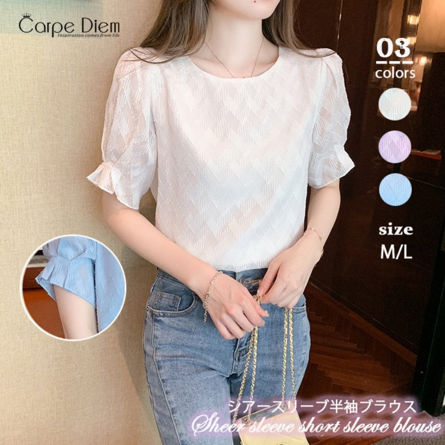 カルペディエム Carpe diem シフォン半袖 夏トップス シアーブラウス 裏地付き フレアスリーブ 透け感ブラウス オフィスカジュアル ボリューム袖 シースルー 春 夏 秋 半袖 韓国ブラウス （パープル） パープル