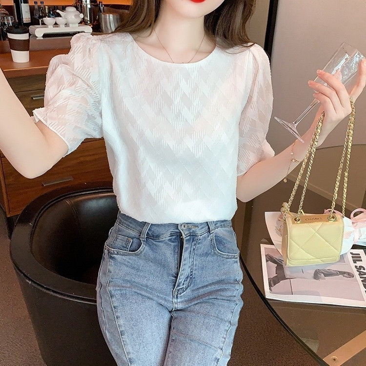 カルペディエム Carpe diem シフォン半袖 夏トップス シアーブラウス 裏地付き フレアスリーブ 透け感ブラウス オフィスカジュアル ボリューム袖 シースルー 春 夏 秋 半袖 韓国ブラウス （パープル） パープル
