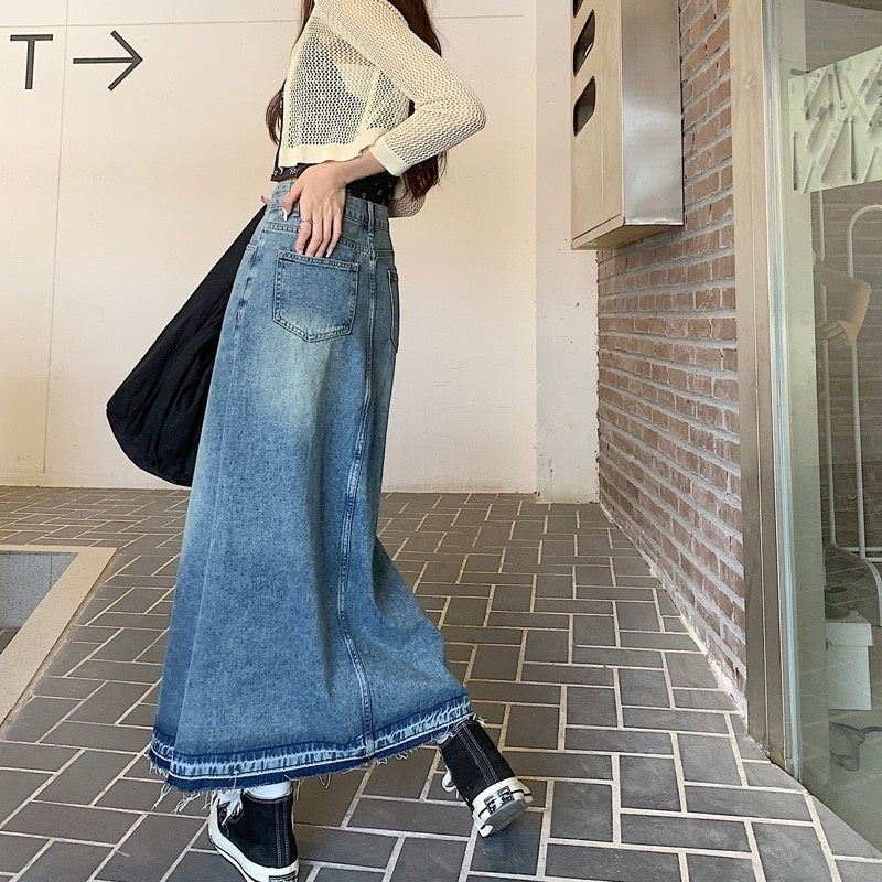 カルペディエム Carpe diem デニムロングスカート デニムスカート フリンジデニムスカート マーメイドスカート ボトムス ハイウエスト スカート ロングスカート デニムロングフレアスカート （ブルー） ブルー