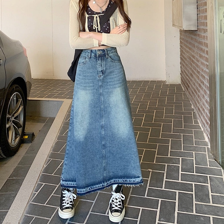 カルペディエム Carpe diem デニムロングスカート デニムスカート フリンジデニムスカート マーメイドスカート ボトムス ハイウエスト スカート ロングスカート デニムロングフレアスカート （ブルー） ブルー