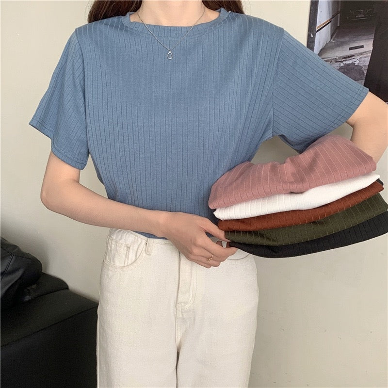 カルペディエム Carpe diem リブ編みTシャツ カットソー Tシャツ Tシャツ半袖 夏服 夏トップス ニット半袖 無地Tシャツ ゆったり 大人カジュアル半袖トップス 春夏 無地半袖 オフィスカジュアル （ブルー） ブルー