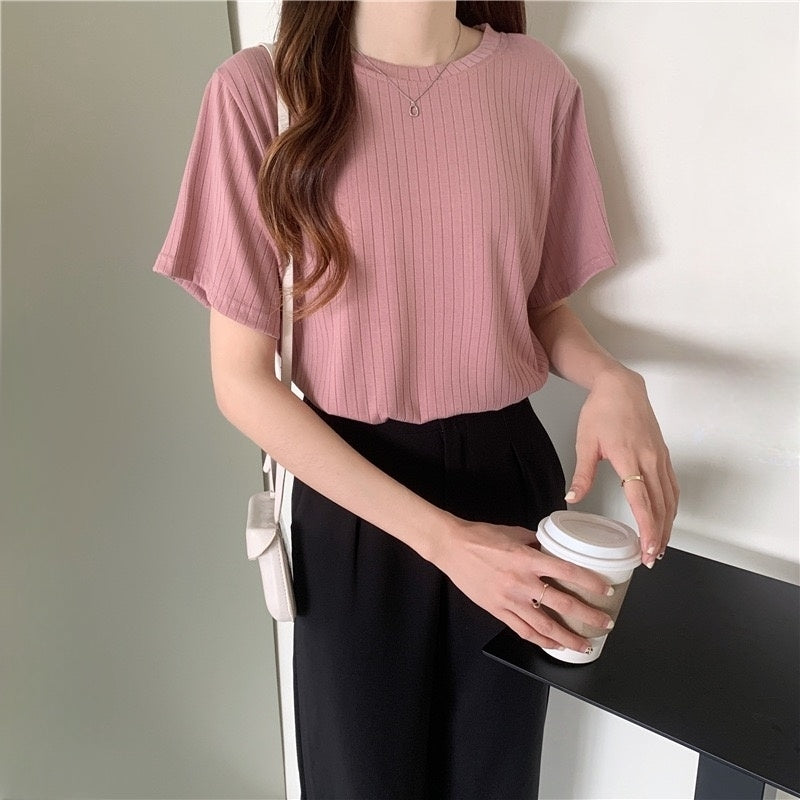 カルペディエム Carpe diem リブ編みTシャツ カットソー Tシャツ Tシャツ半袖 夏服 夏トップス ニット半袖 無地Tシャツ ゆったり 大人カジュアル半袖トップス 春夏 無地半袖 オフィスカジュアル （ブルー） ブルー