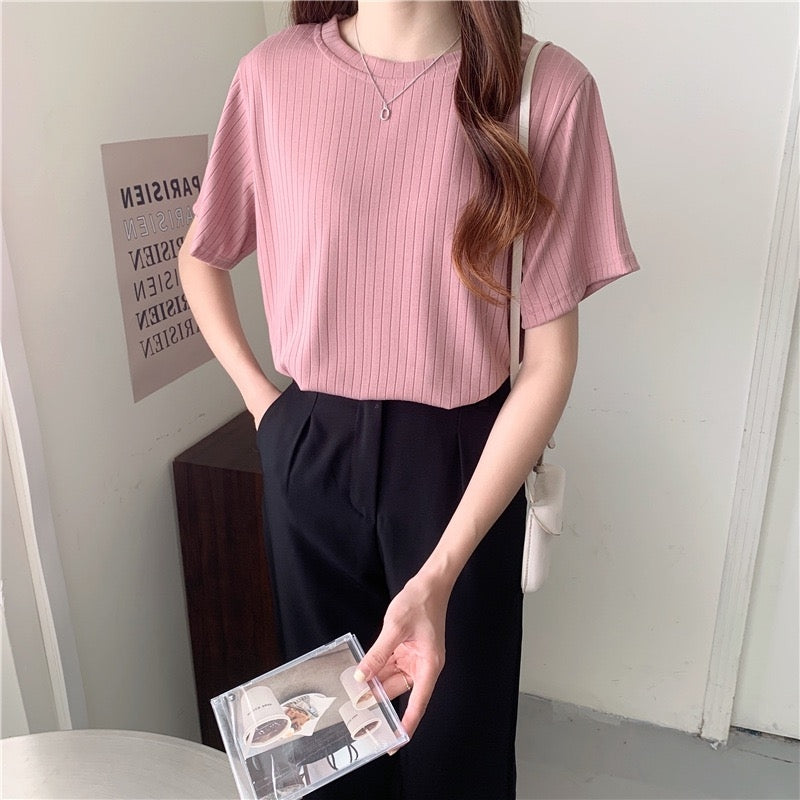 カルペディエム Carpe diem リブ編みTシャツ カットソー Tシャツ Tシャツ半袖 夏服 夏トップス ニット半袖 無地Tシャツ ゆったり 大人カジュアル半袖トップス 春夏 無地半袖 オフィスカジュアル （ブルー） ブルー