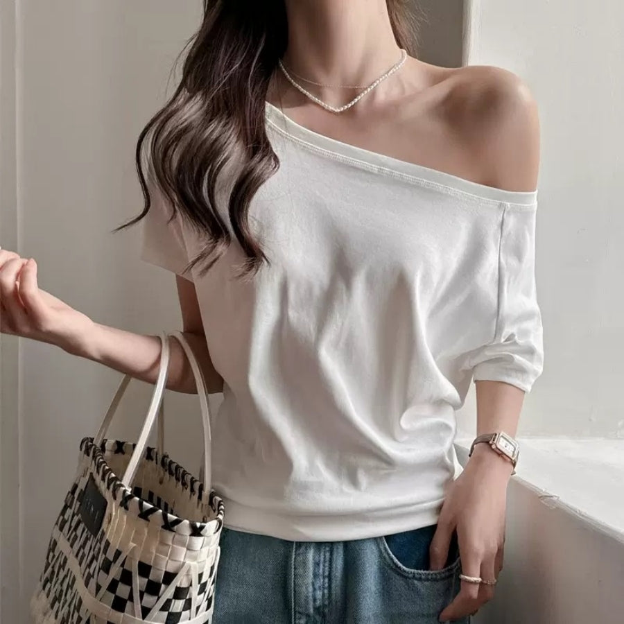 カルペディエム Carpe diem オフショルダー風半袖 ドロップショルダーTシャツ トップス 春 オフィスカジュアル 夏 トップス ショート丈 韓国 無地tシャツ 綿100 大人半袖 サマートップス （グレー） グレー