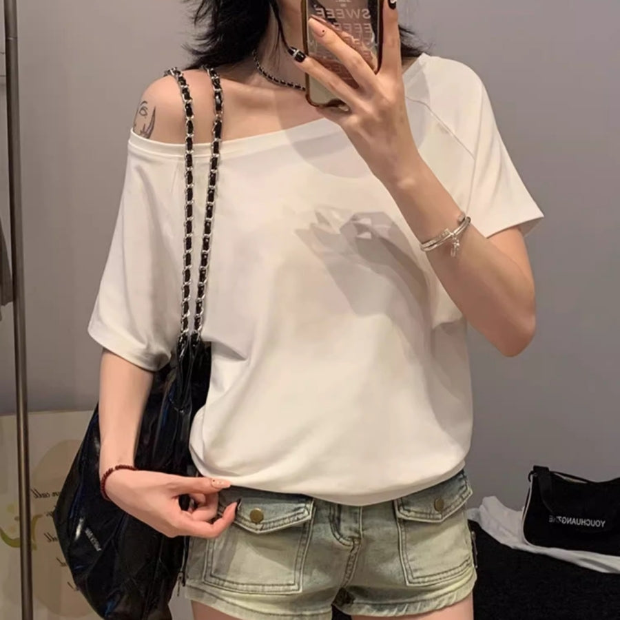 カルペディエム Carpe diem オフショルダー風半袖 ドロップショルダーTシャツ トップス 春 オフィスカジュアル 夏 トップス ショート丈 韓国 無地tシャツ 綿100 大人半袖 サマートップス （グレー） グレー