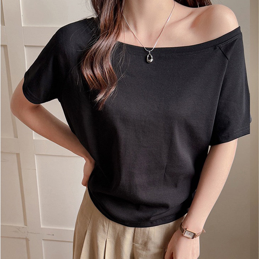 カルペディエム Carpe diem オフショルダー風半袖 ドロップショルダーTシャツ トップス 春 オフィスカジュアル 夏 トップス ショート丈 韓国 無地tシャツ 綿100 大人半袖 サマートップス （グレー） グレー