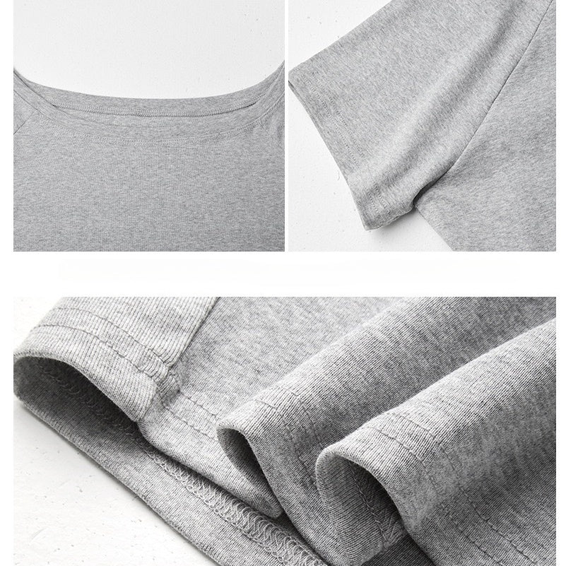 カルペディエム Carpe diem オフショルダー風半袖 ドロップショルダーTシャツ トップス 春 オフィスカジュアル 夏 トップス ショート丈 韓国 無地tシャツ 綿100 大人半袖 サマートップス （グレー） グレー