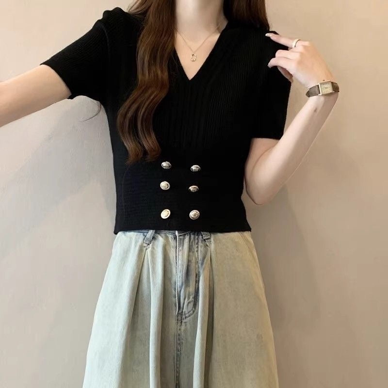 カルペディエム Carpe diem ボタン付きショート丈ニットトップス サマーニット 半袖ニット vネックニット レディース ショート トップス ボトルネック 半袖 きれいめ オフィスカジュアル （ブラック） ブラック