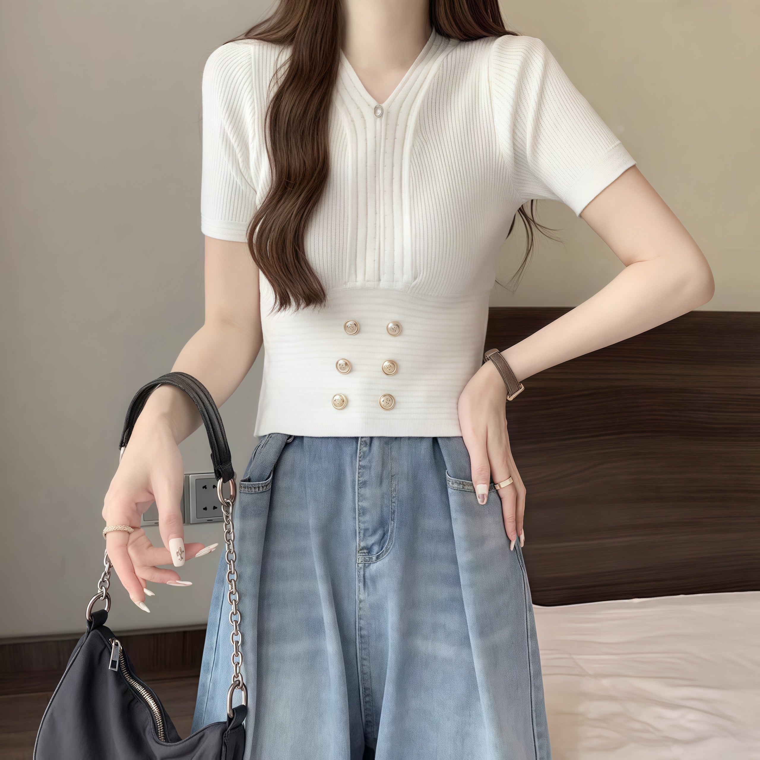 カルペディエム Carpe diem ボタン付きショート丈ニットトップス サマーニット 半袖ニット vネックニット レディース ショート トップス ボトルネック 半袖 きれいめ オフィスカジュアル （ブラック） ブラック