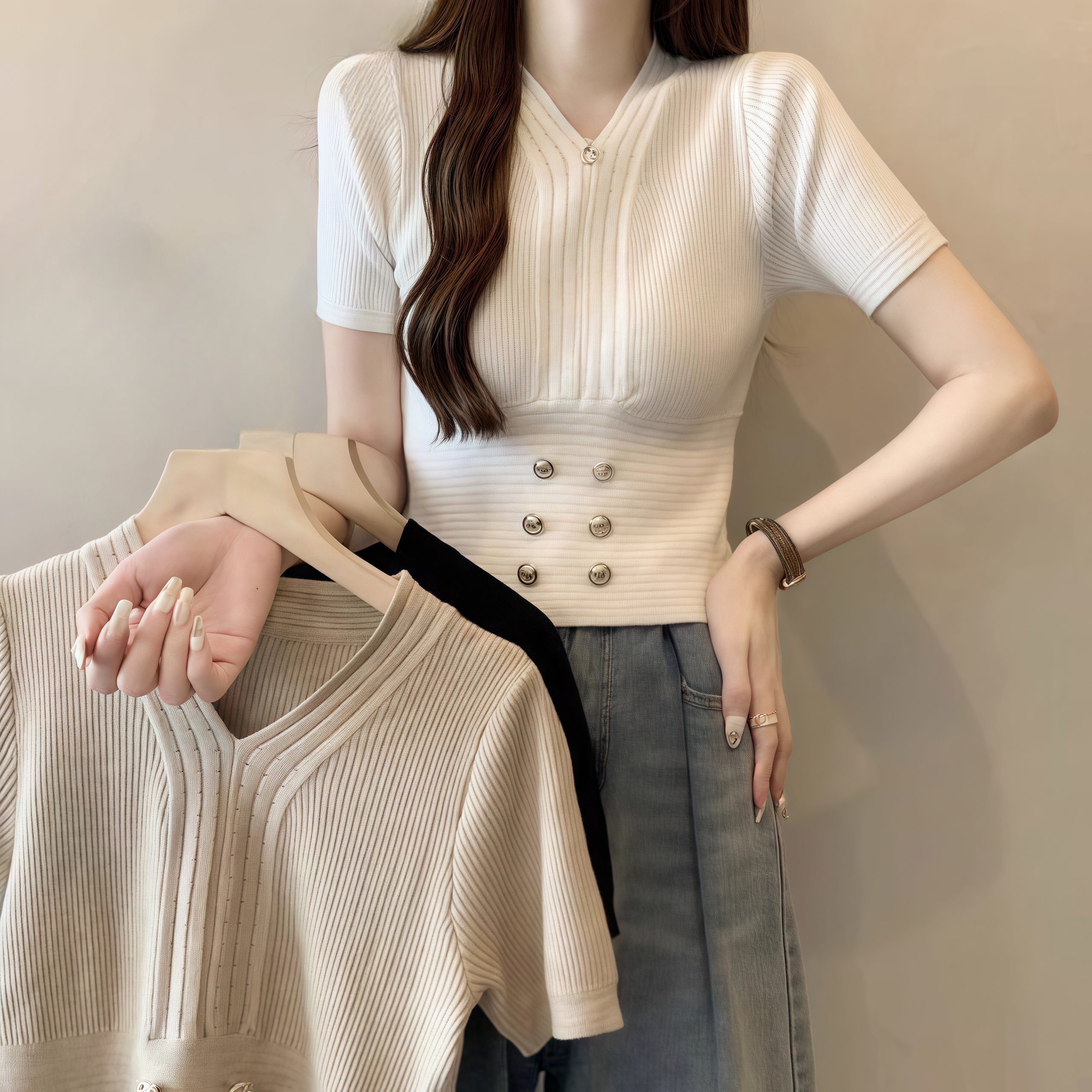 カルペディエム Carpe diem ボタン付きショート丈ニットトップス サマーニット 半袖ニット vネックニット レディース ショート トップス ボトルネック 半袖 きれいめ オフィスカジュアル （ブラック） ブラック