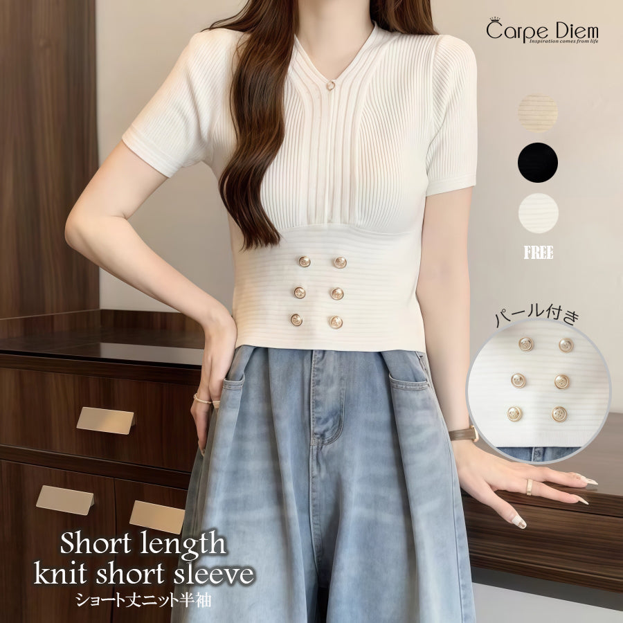 カルペディエム Carpe diem ボタン付きショート丈ニットトップス サマーニット 半袖ニット vネックニット レディース ショート トップス ボトルネック 半袖 きれいめ オフィスカジュアル （ブラック） ブラック