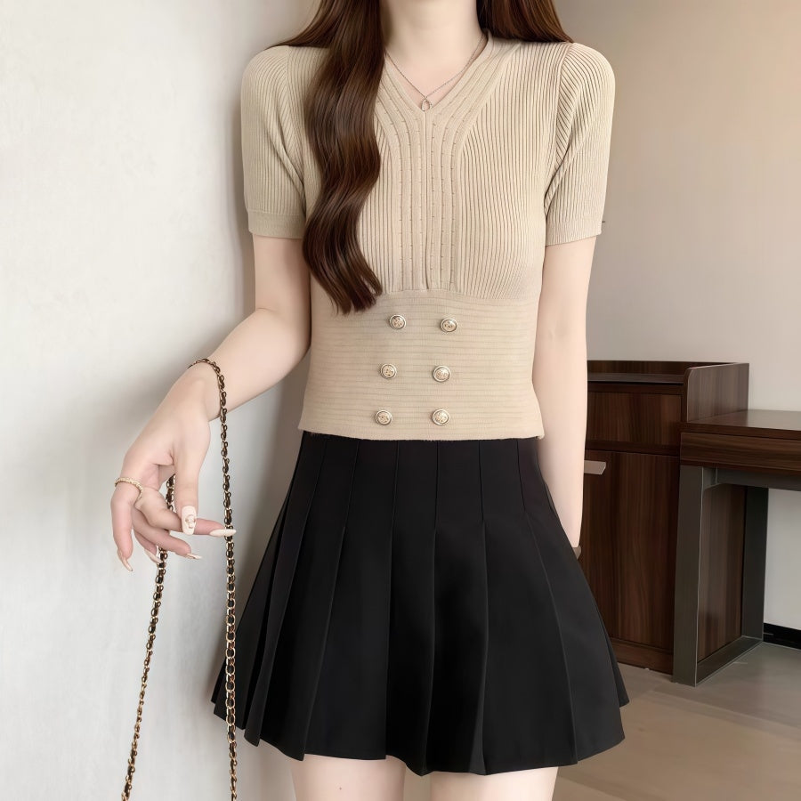 カルペディエム Carpe diem ボタン付きショート丈ニットトップス サマーニット 半袖ニット vネックニット レディース ショート トップス ボトルネック 半袖 きれいめ オフィスカジュアル （モカベージュ） モカベージュ