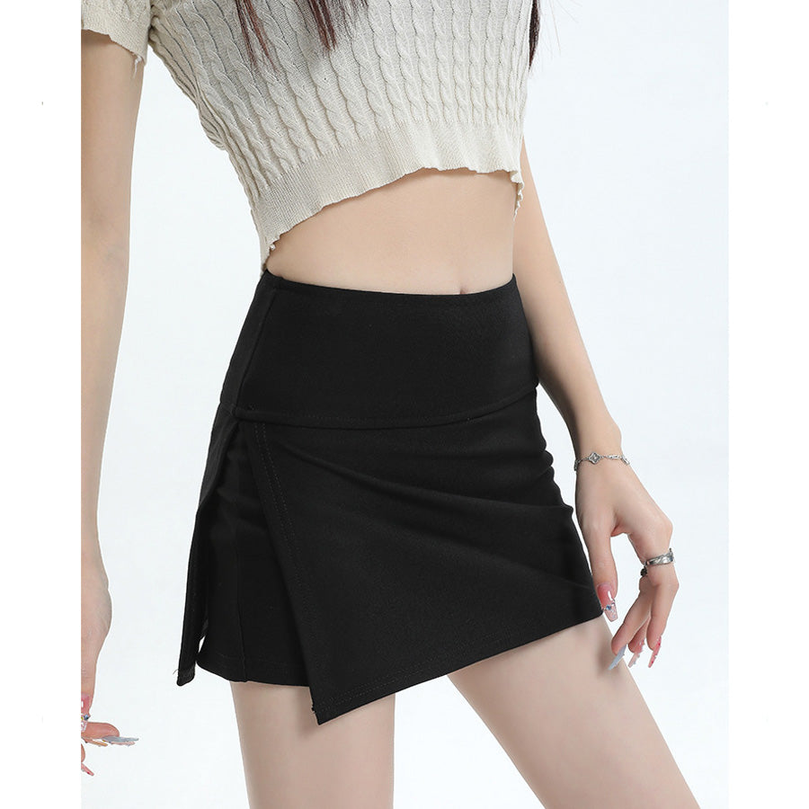 カルペディエム Carpe diem スリット入りキュロットスカート 露出防止 ミニスカート風 ショートパンツ Aライン 夏パンツ 脚長効果 きれいめ ウエストゴム 裏地付き 膝上スカート （ブラック） ブラック