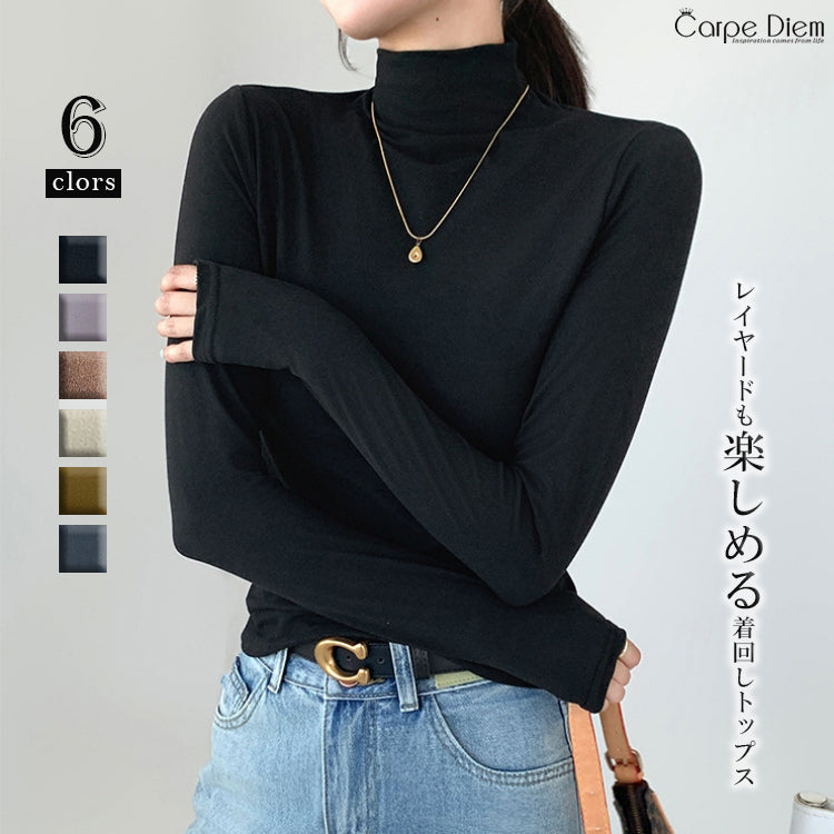カルペディエム Carpe diem ニットトップス インナー 長袖 カットソー タートルネック レイヤード 無地トップス 秋冬インナー 着回し 薄手 長袖 重ね着 韓国 カジュアル デリー coca 新作 ベーシック ハイネック （ブラウン） ブラウン