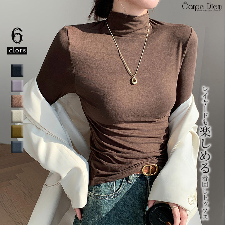 カルペディエム Carpe diem ニットトップス インナー 長袖 カットソー タートルネック レイヤード 無地トップス 秋冬インナー 着回し 薄手 長袖 重ね着 韓国 カジュアル デリー coca 新作 ベーシック ハイネック （ブラウン） ブラウン