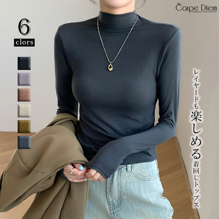 カルペディエム Carpe diem ニットトップス インナー 長袖 カットソー タートルネック レイヤード 無地トップス 秋冬インナー 着回し 薄手 長袖 重ね着 韓国 カジュアル デリー coca 新作 ベーシック ハイネック （ブラウン） ブラウン