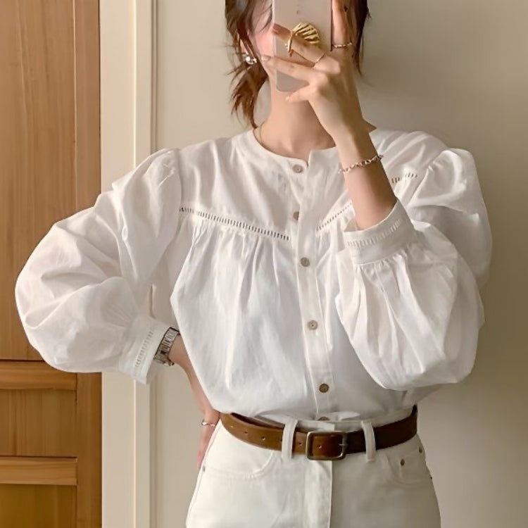 カルペディエム Carpe diem ボリュームスリーブブラウス 長袖 シャツ トップス 秋服 無地 長袖 オフィスカジュアル 韓国シャツ ボリューム袖 体型カバー コットン フリル きれいめ  クルーネック （ホワイト） ホワイト