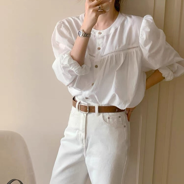 カルペディエム Carpe diem ボリュームスリーブブラウス 長袖 シャツ トップス 秋服 無地 長袖 オフィスカジュアル 韓国シャツ ボリューム袖 体型カバー コットン フリル きれいめ  クルーネック （ホワイト） ホワイト