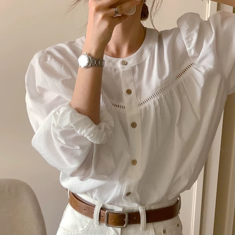 カルペディエム Carpe diem ボリュームスリーブブラウス 長袖 シャツ トップス 秋服 無地 長袖 オフィスカジュアル 韓国シャツ ボリューム袖 体型カバー コットン フリル きれいめ  クルーネック （ホワイト） ホワイト