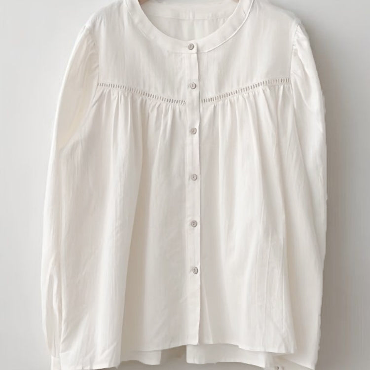 カルペディエム Carpe diem ボリュームスリーブブラウス 長袖 シャツ トップス 秋服 無地 長袖 オフィスカジュアル 韓国シャツ ボリューム袖 体型カバー コットン フリル きれいめ  クルーネック （ホワイト） ホワイト