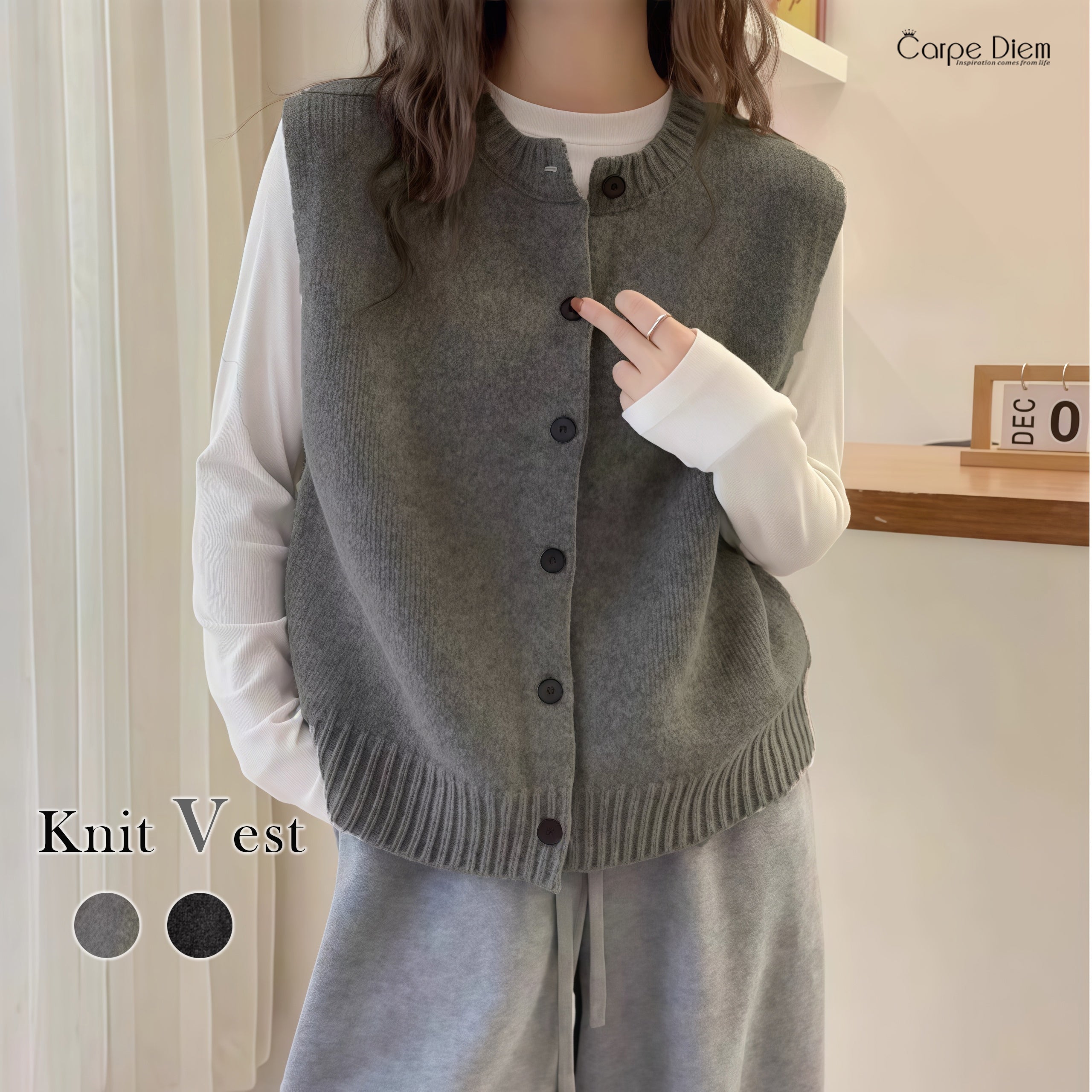 カルペディエム Carpe diem Vネックニットベスト トップス レイヤード風 韓国ファッション 秋冬 リブ編み ニット編み トレンド感 ノースリーブ オーバーサイズ 韓国ベスト ジャガード 重ね着風 V開きベスト ジレ レイヤード （ダークグレー） ダークグレー