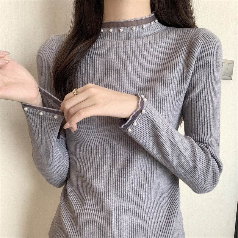 カルペディエム Carpe diem パール付きニット リブニット トップス 長袖ニット ハイネックニット 大人可愛い インナー カジュアル 無地 プルオーバー きれいめコーデ オフィスカジュアル 秋冬トップス 上品ニット （ホワイト） ホワイト