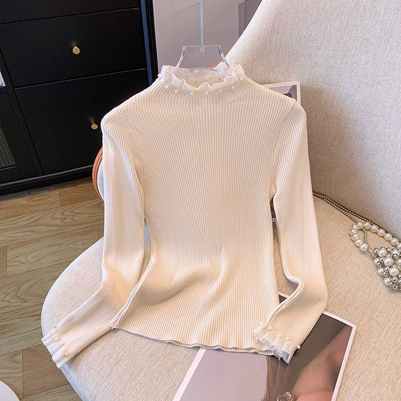 カルペディエム Carpe diem パール付きニット リブニット トップス 長袖ニット ハイネックニット 大人可愛い インナー カジュアル 無地 プルオーバー きれいめコーデ オフィスカジュアル 秋冬トップス 上品ニット （ホワイト） ホワイト