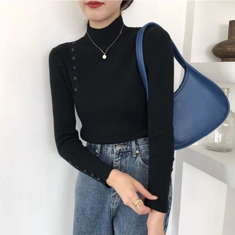 カルペディエム Carpe diem ハイネックニット トップス リブニット レディース 秋冬 長袖 重ね着 韓国 カジュアルオフィス 伸縮性 長袖ニット セーター レイヤード 上品コーデ ボダン タートル風ニット ストレッチ素材 （ベージュ） ベージュ