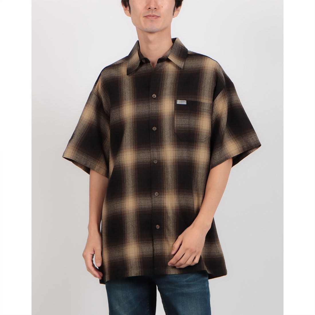 キャルトップ Cal Top CalTop OMBRE CHECK S/S SHIRTS キャルトップ オンブレ チェックシャツ ポケット付き （ブラウン×カーキ） ブラウン×カーキ