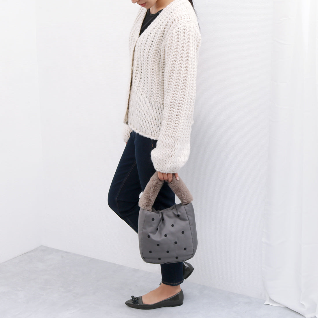 カシュカシュ cache cache エコファーワンハンドルドット刺繍トート （BK） BK