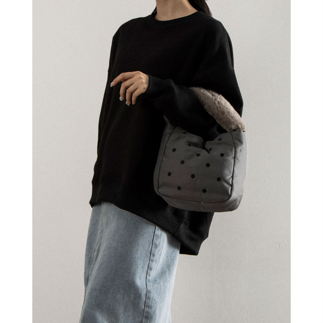 カシュカシュ cache cache エコファーワンハンドルドット刺繍トート （BK） BK