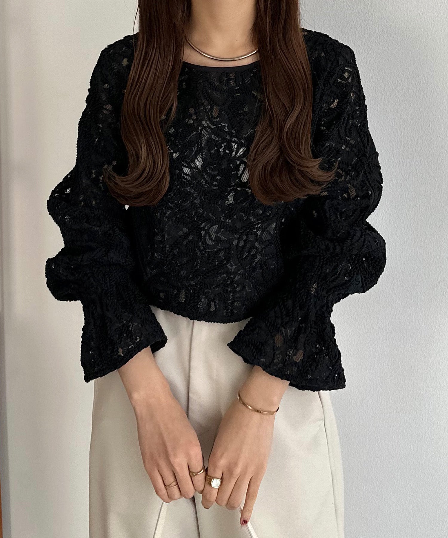 callautia callautia callautia Front and Back 2-way Sheer Lace Blouse