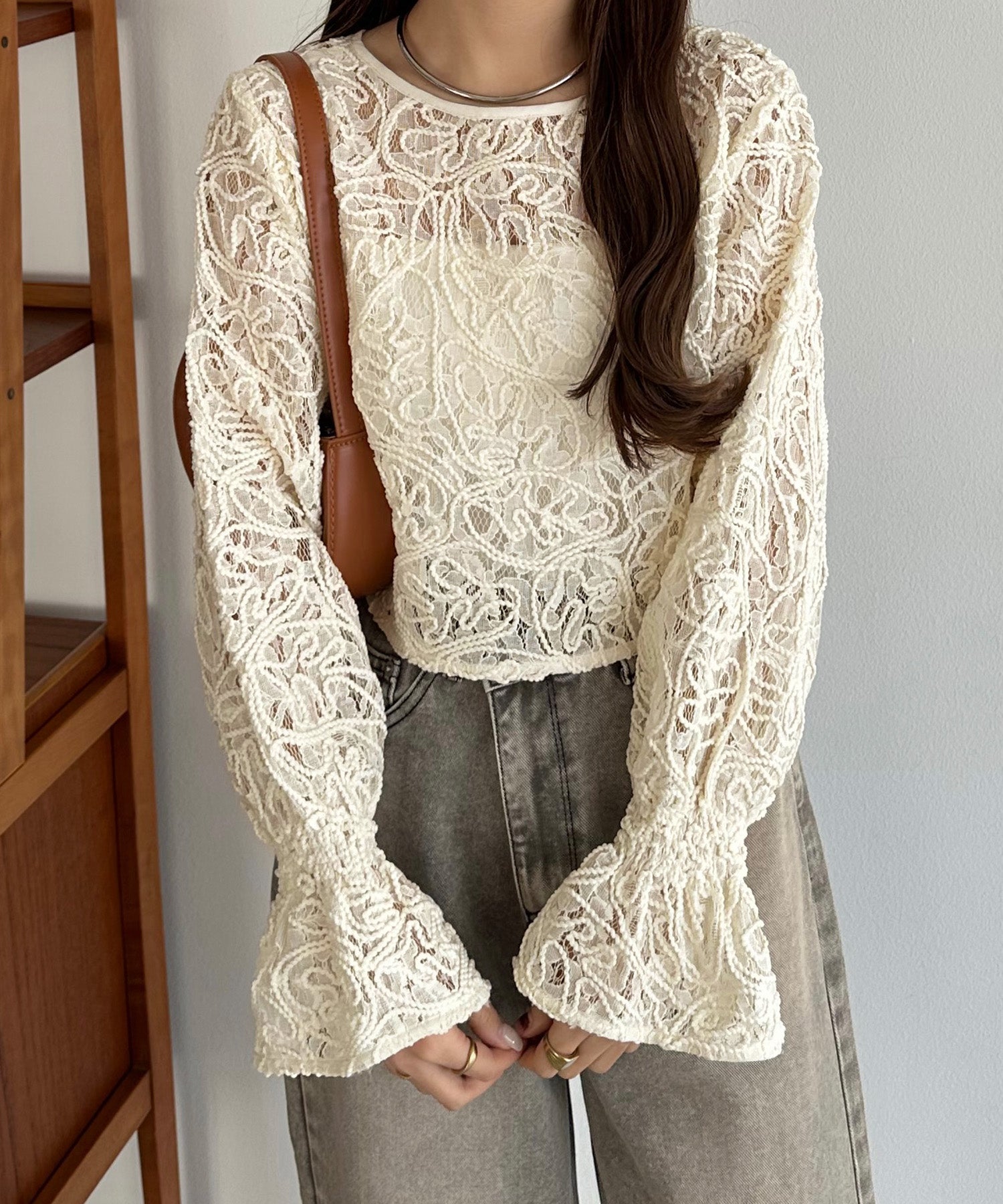 callautia callautia callautia Front and Back 2-way Sheer Lace Blouse