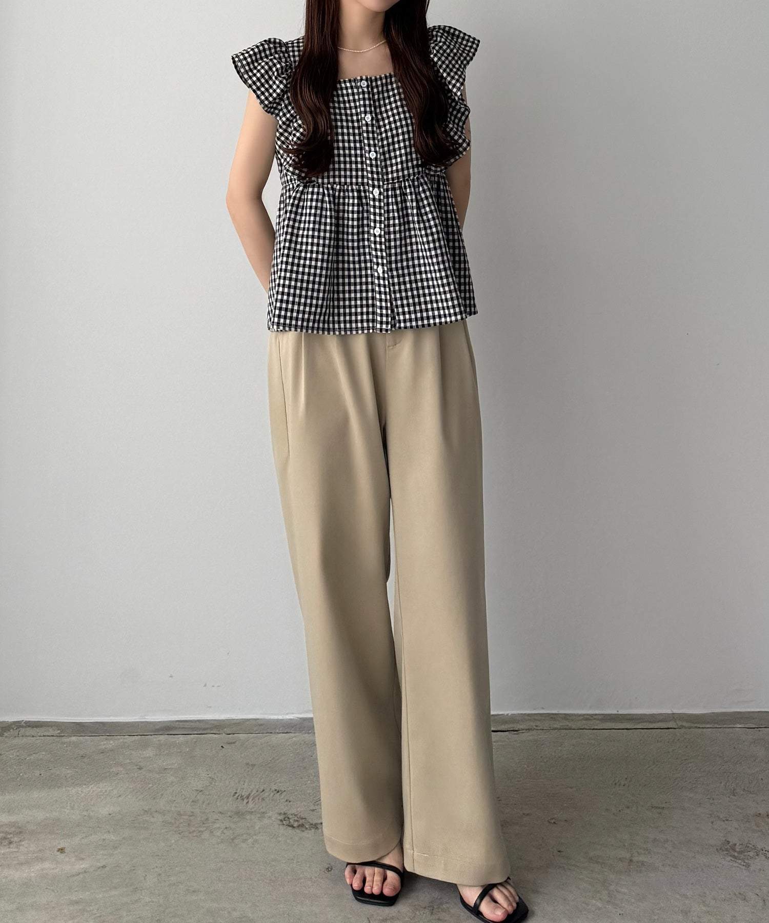 カラウティア callautia callautia 【選べる】フリルノースリーブフラウス（リネン混／ギンガムチェック／ストライプ） （Bブラック） Bブラック