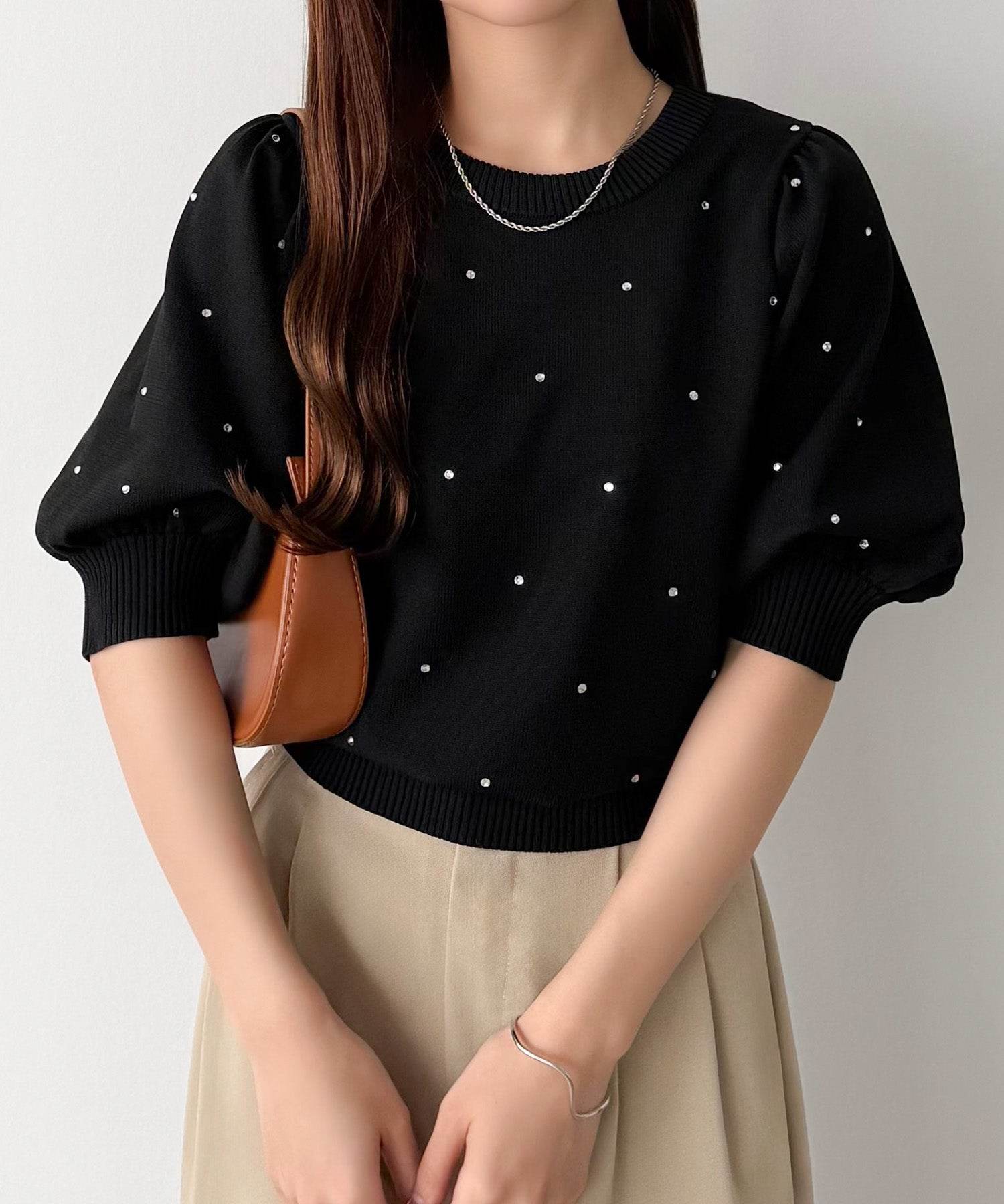 カラウティア callautia callautia パフスリーブラインストーンニット （ブラック） ブラック