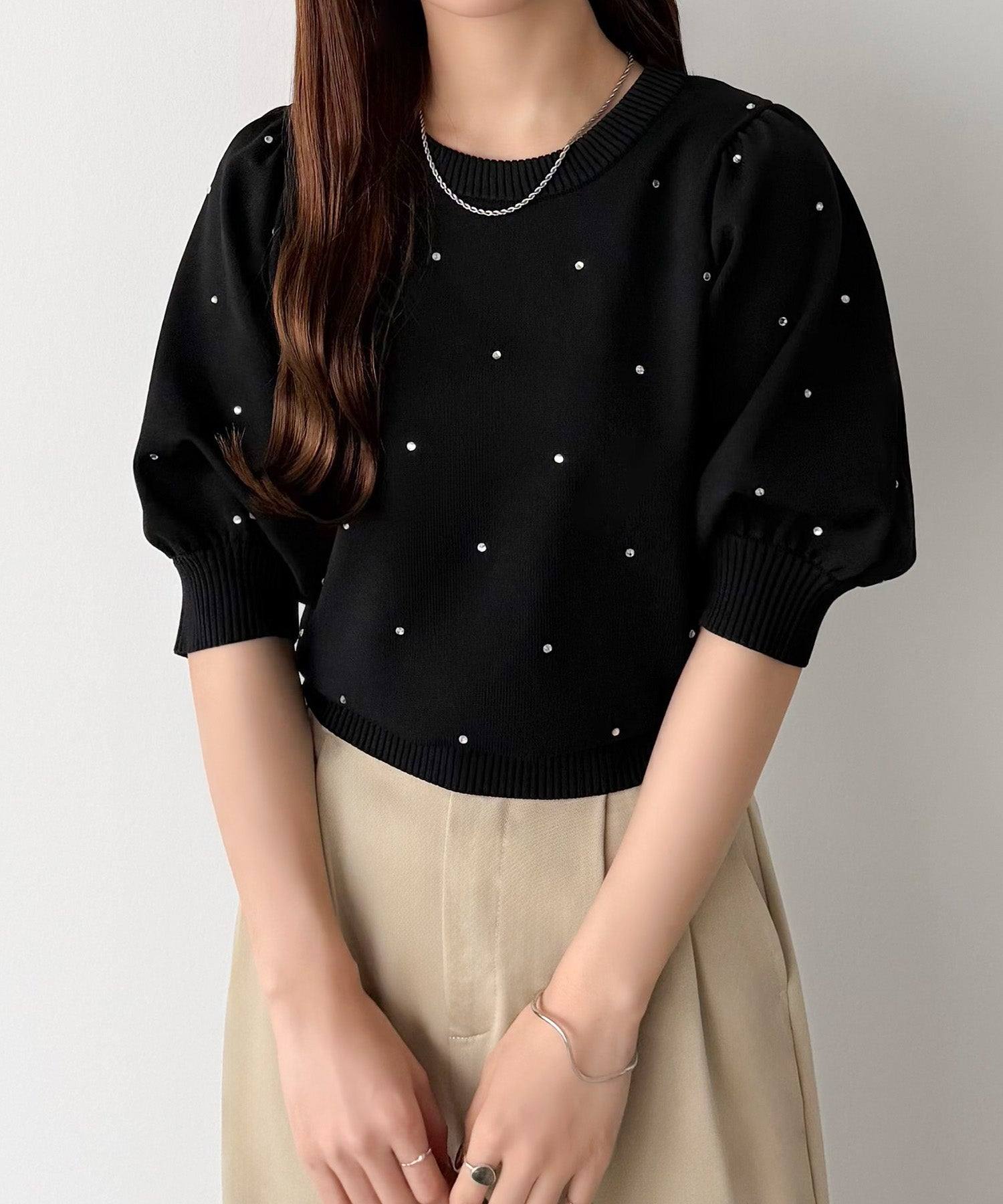 カラウティア callautia callautia パフスリーブラインストーンニット （ブラック） ブラック