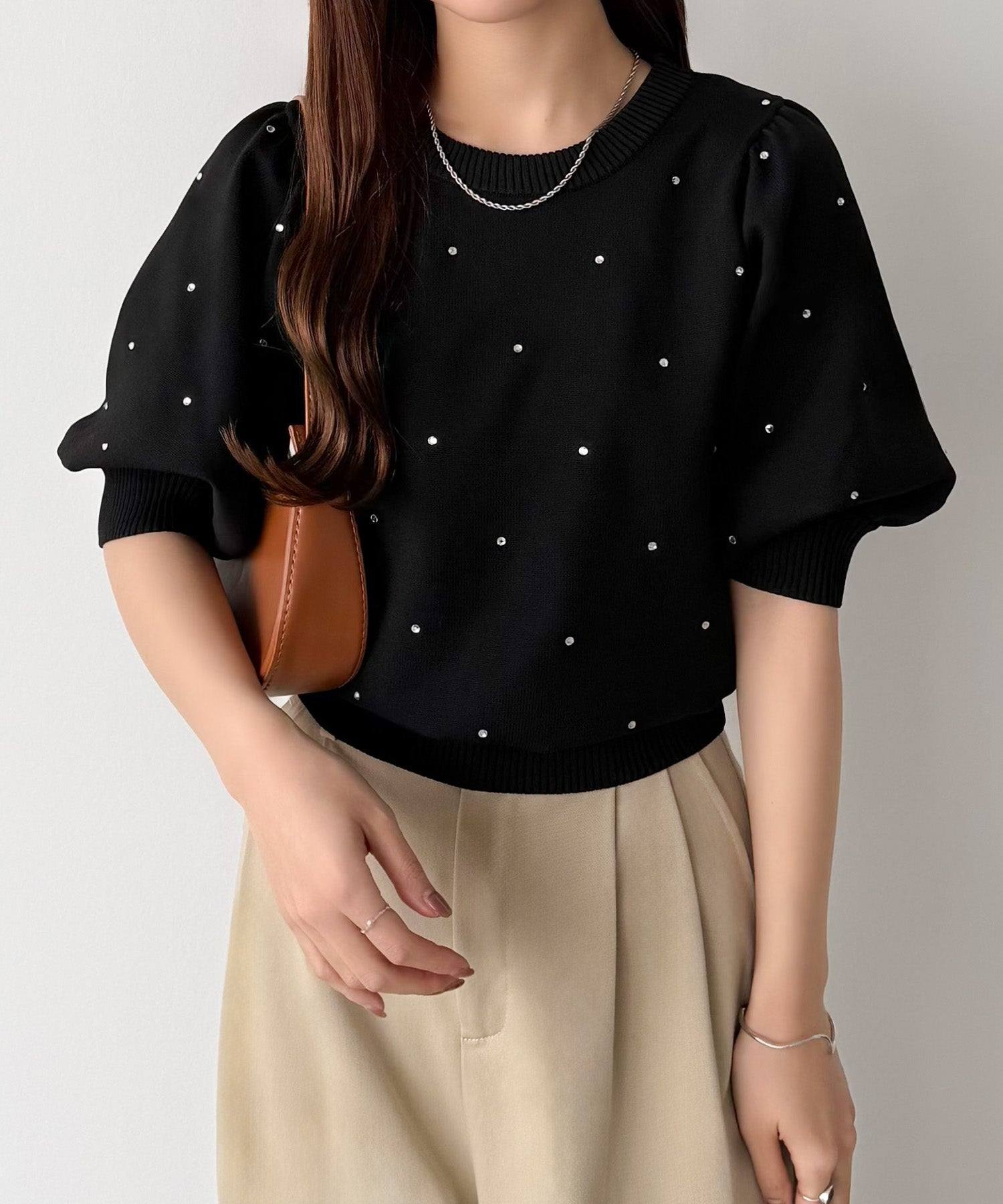 カラウティア callautia callautia パフスリーブラインストーンニット （ブラック） ブラック