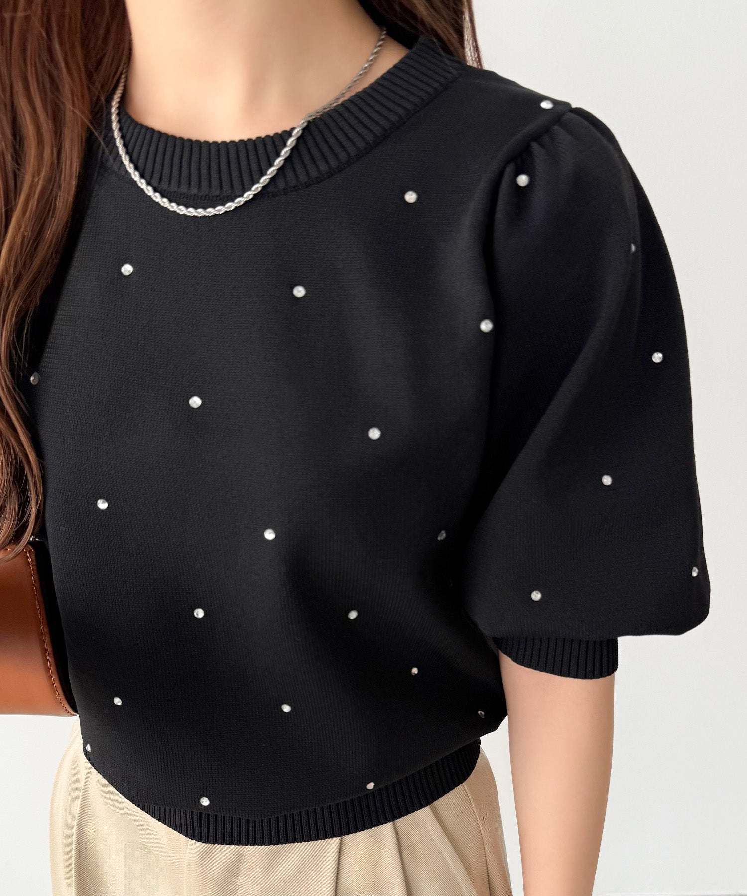 カラウティア callautia callautia パフスリーブラインストーンニット （ブラック） ブラック