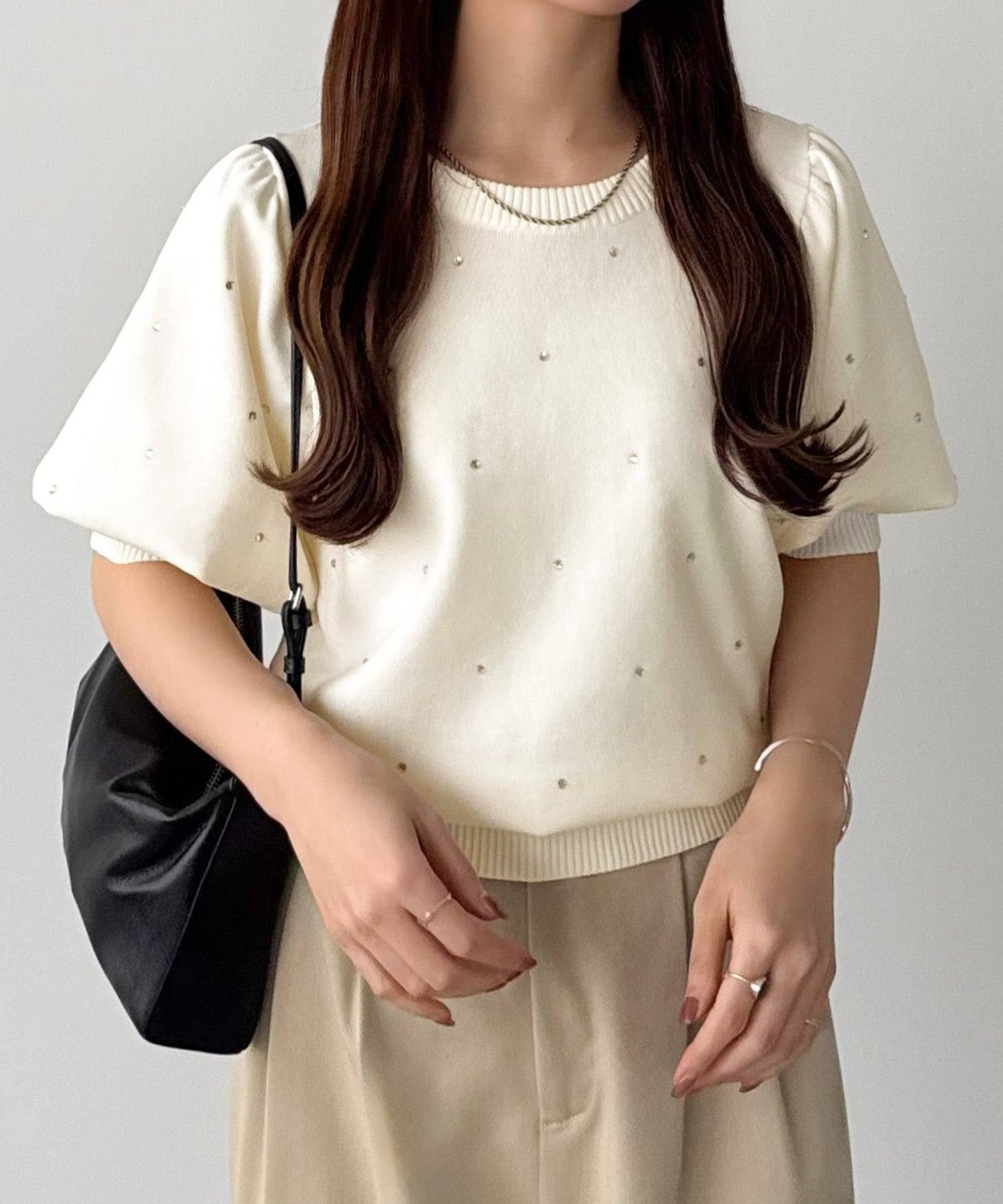 カラウティア callautia callautia パフスリーブラインストーンニット （アイボリー） アイボリー