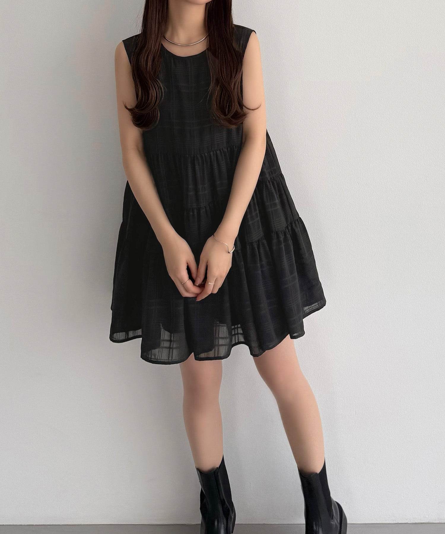 カラウティア callautia callautia シアーチェックティアードチュニック （ブラック） ブラック