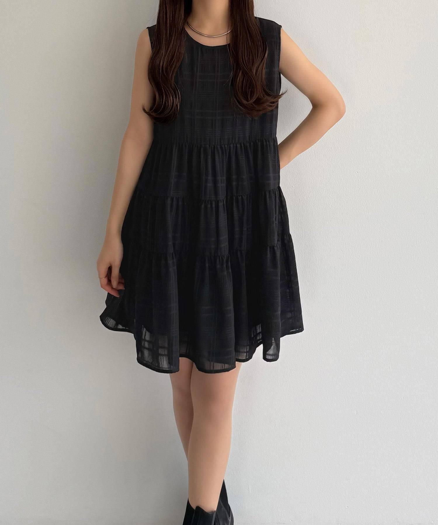 カラウティア callautia callautia シアーチェックティアードチュニック （ブラック） ブラック