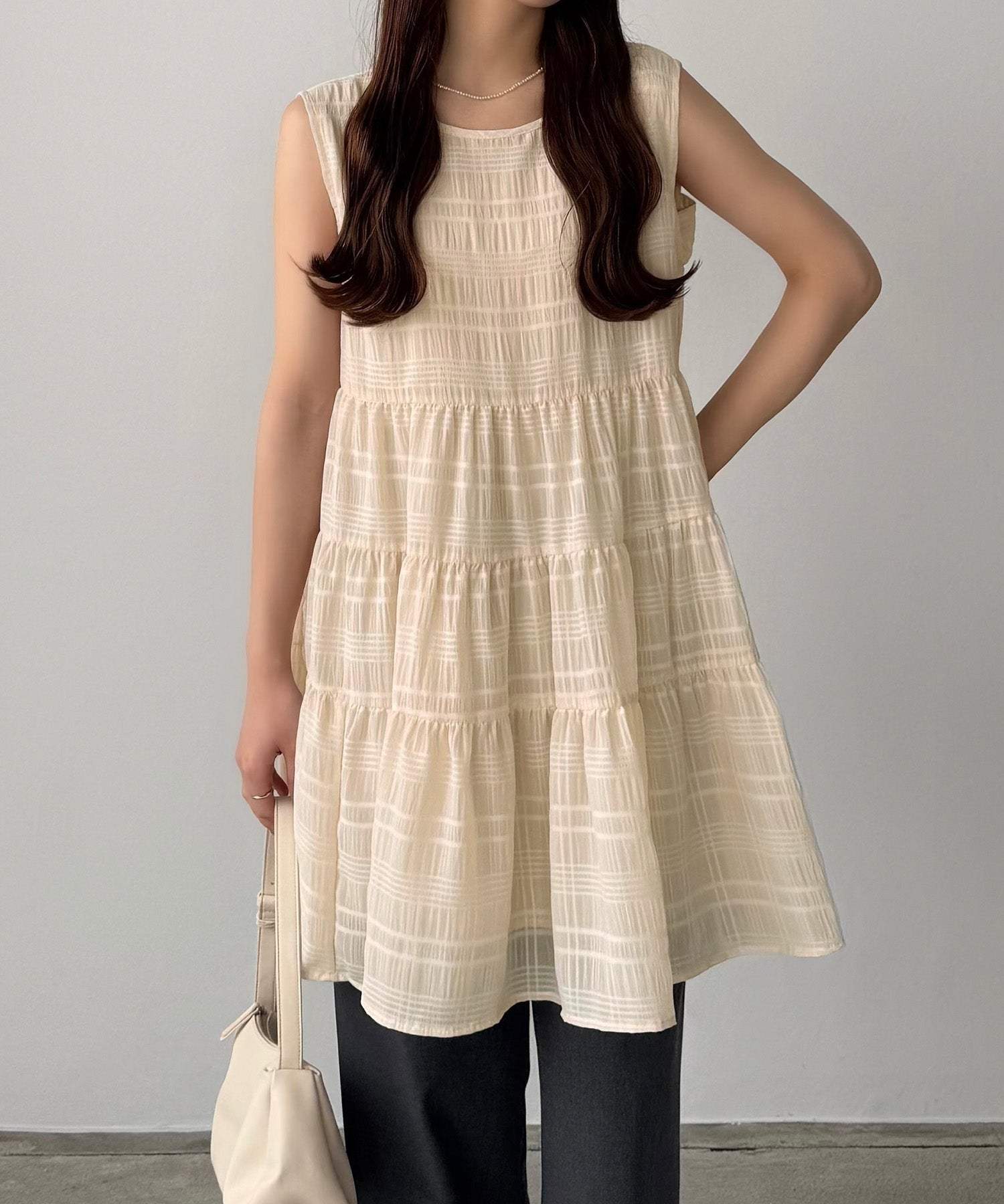 カラウティア callautia callautia シアーチェックティアードチュニック （クリーム） クリーム