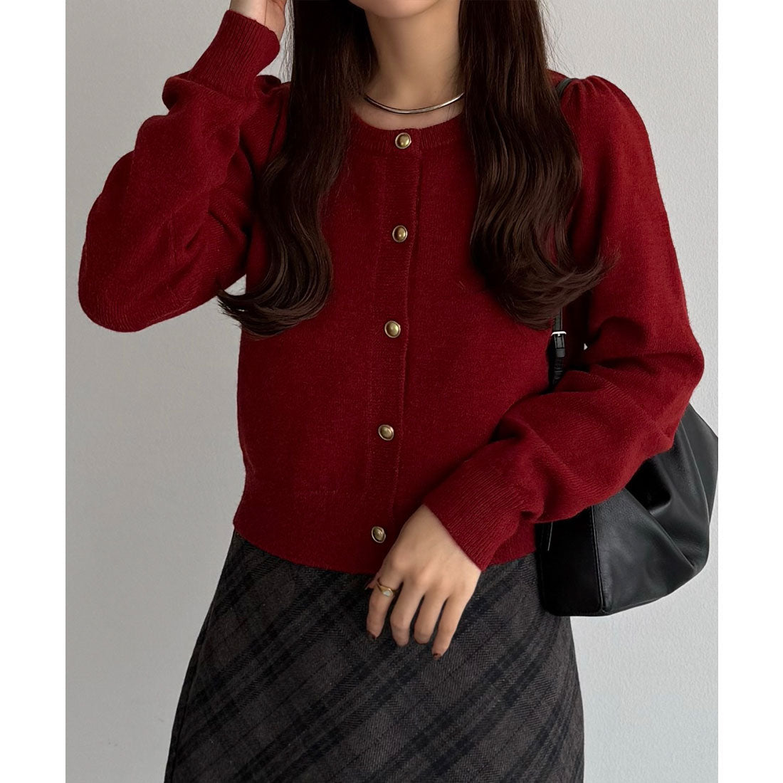 カラウティア callautia 金ボタンパフスリーブショートニットカーディガン （レッド） レッド