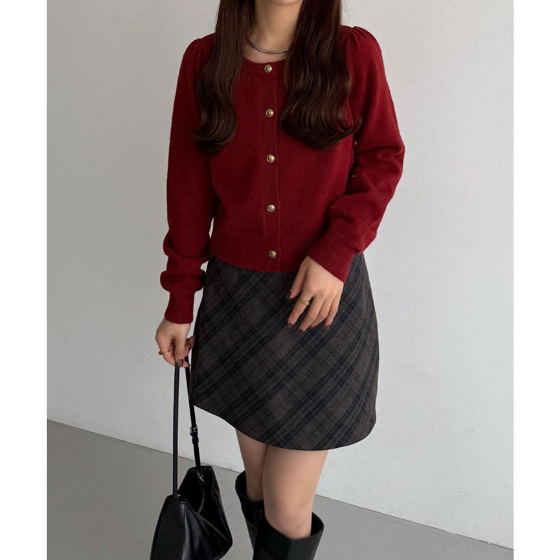 カラウティア callautia 金ボタンパフスリーブショートニットカーディガン （レッド） レッド