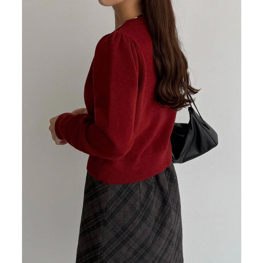 カラウティア callautia 金ボタンパフスリーブショートニットカーディガン （レッド） レッド