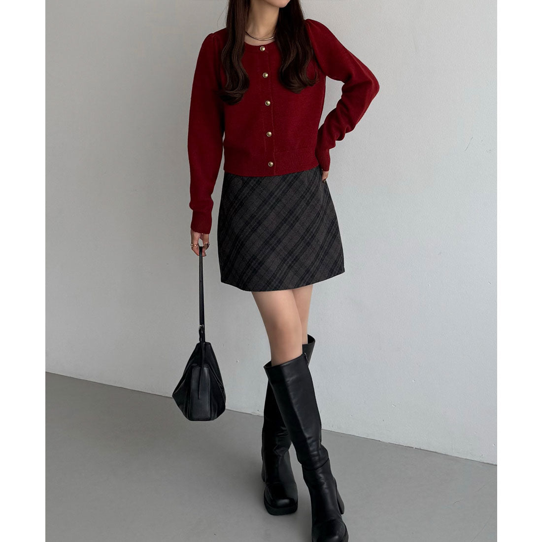 カラウティア callautia 金ボタンパフスリーブショートニットカーディガン （レッド） レッド